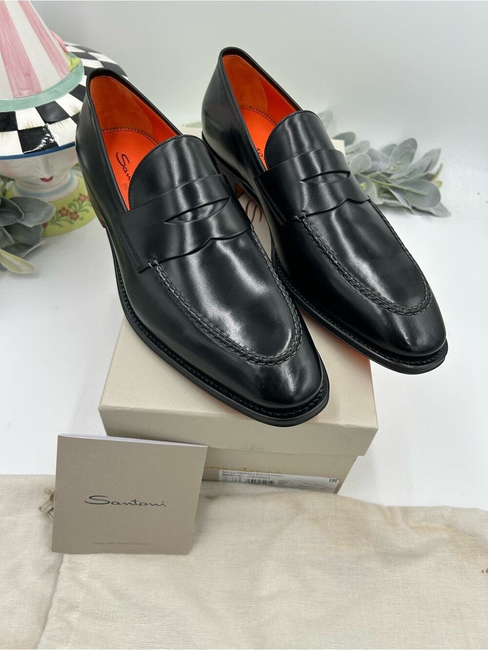Men's Santoni black leather penny loafers size 12.5 US made in Italy
